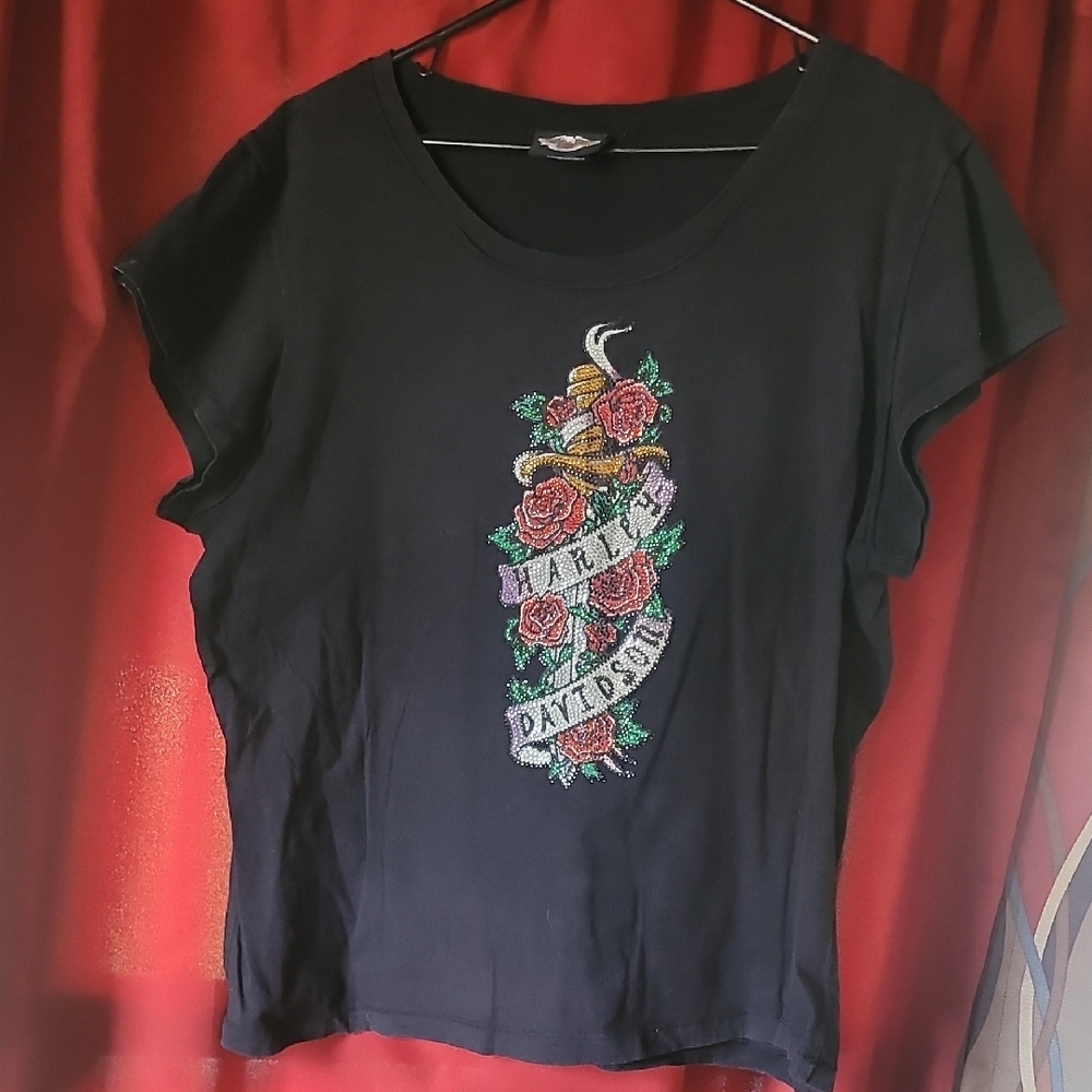 Harley-Davidson Black Tee with Rose Embroidery